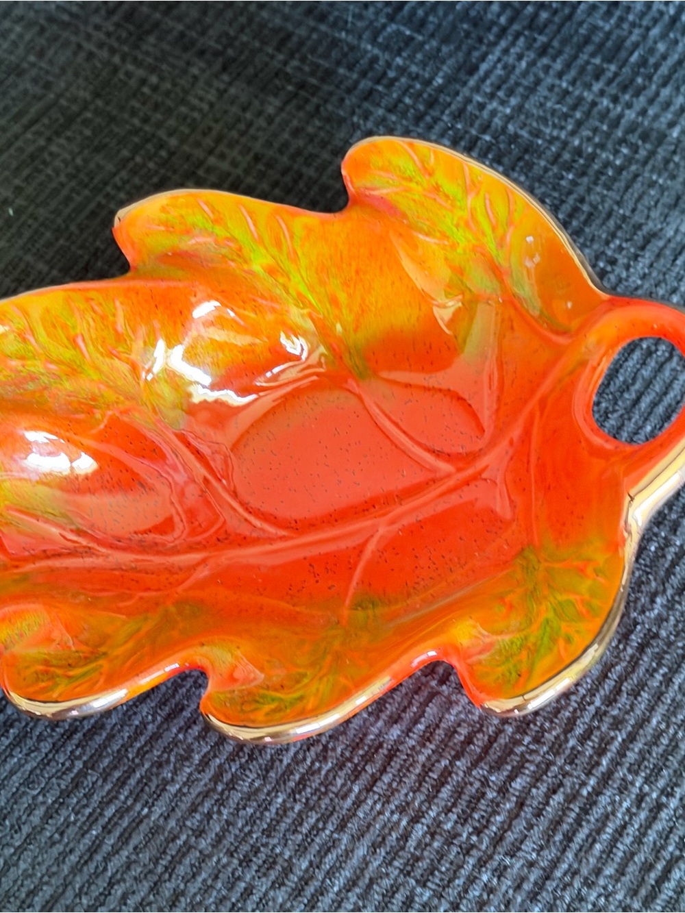 Vibrant Orange Leaf Ceramic Tray with Green Accents